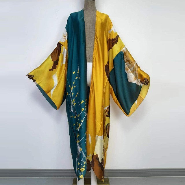 Kimonos Verano Women Print Long Sleeve Cardigan Fem Dress
