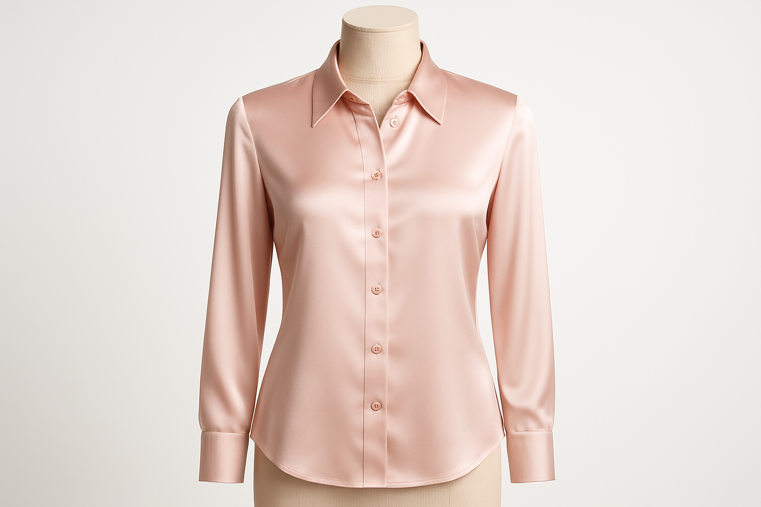 High-quality studio shot of a women’s silk blouse, light pink, elegant office wear style, placed on mannequin, sharp details, clean white background, fashion product photography.