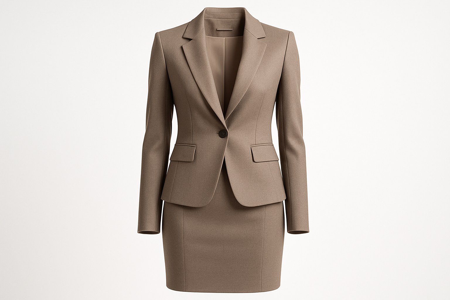 High-resolution studio photo of a stylish women’s two-piece office wear set, blazer and skirt, elegant fit, modern fashion catalog photography, white background, soft professional lighting.